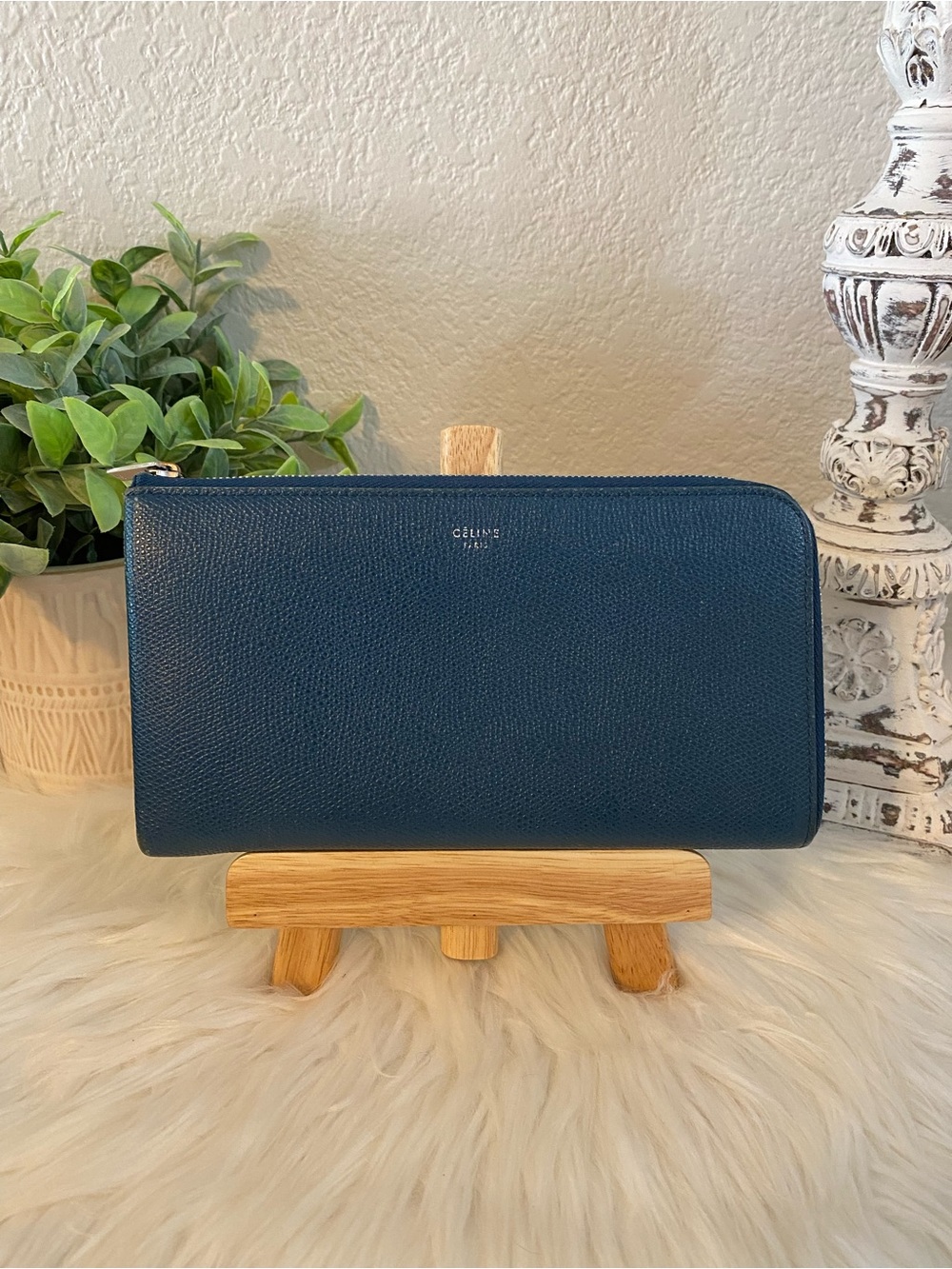 Celine Deep Blue Zip-Around Leather Wallet